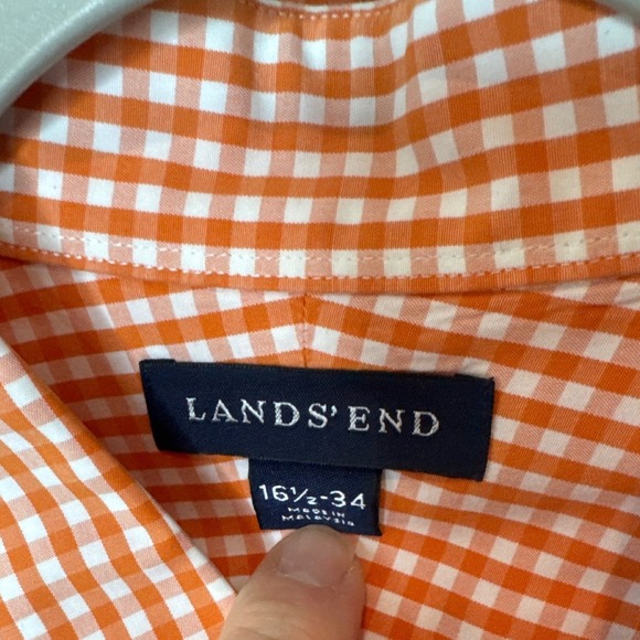 Lands End Mens Orange Gingham Button Down Shirt 16 1/2 34 Long Sleeve Casual - Picture 2 of 3